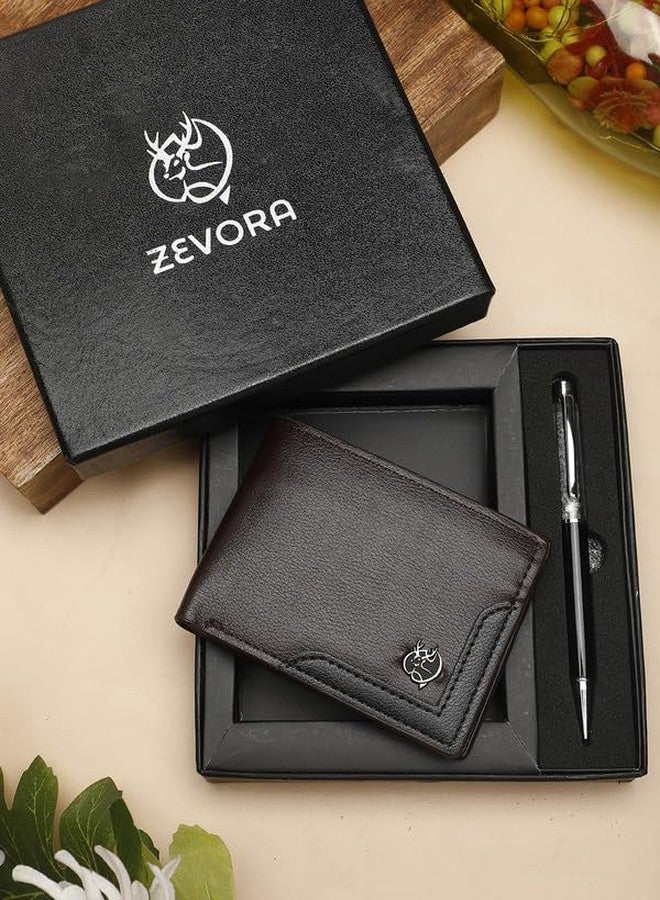 ZEVORA Premium Brown Leather Wallet & Pen Gift Set for Men - Stylish Bi-Fold Wallet with Pen in Luxury Gift Box - Image 2